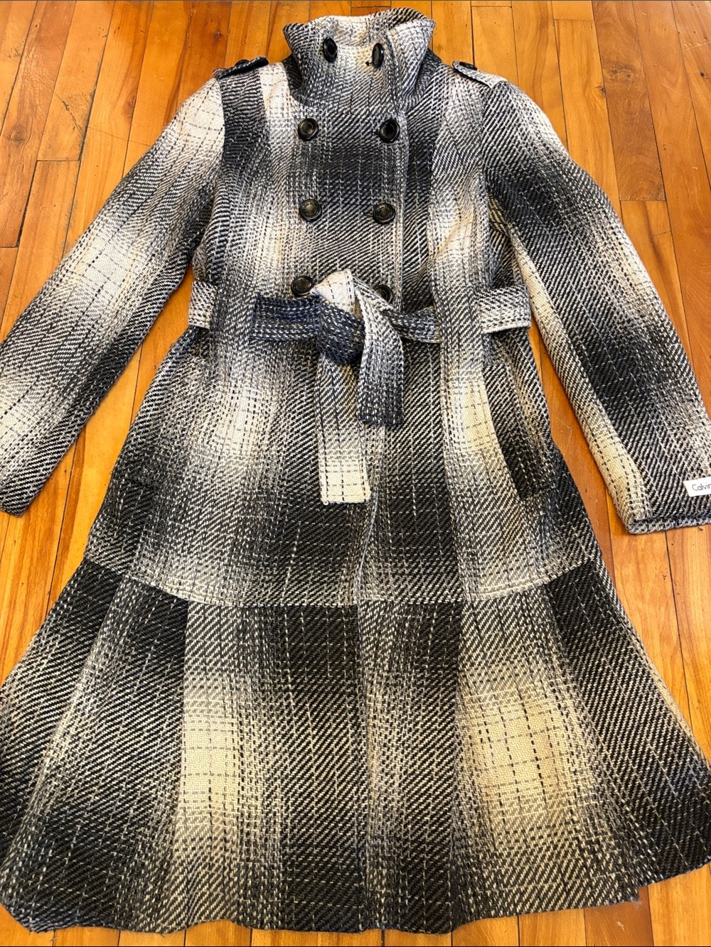 CALVIN KLEIN Black & Cream Plaid Double-Breasted Trench Coat with Belt - Size 4